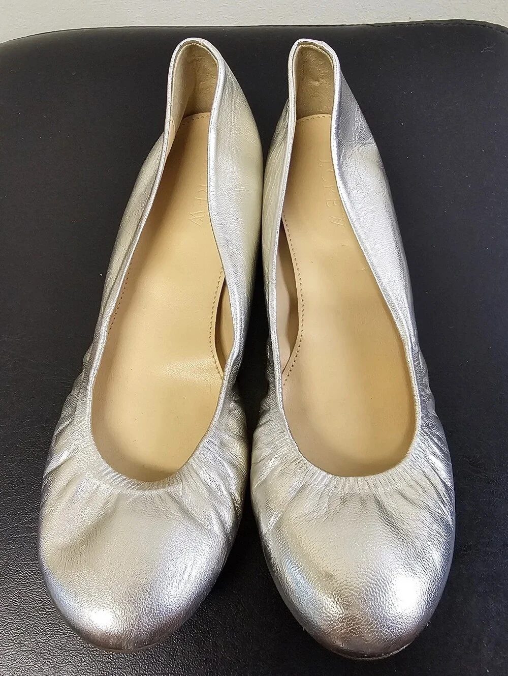 J.Crew Metallic Silver Leather Scrunch Ballet Flats - Size 6